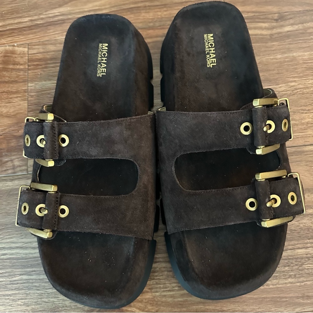 Michael Kors Colby Suede Dark Brown Sandals with Gold Accents - Picture 4 of 6